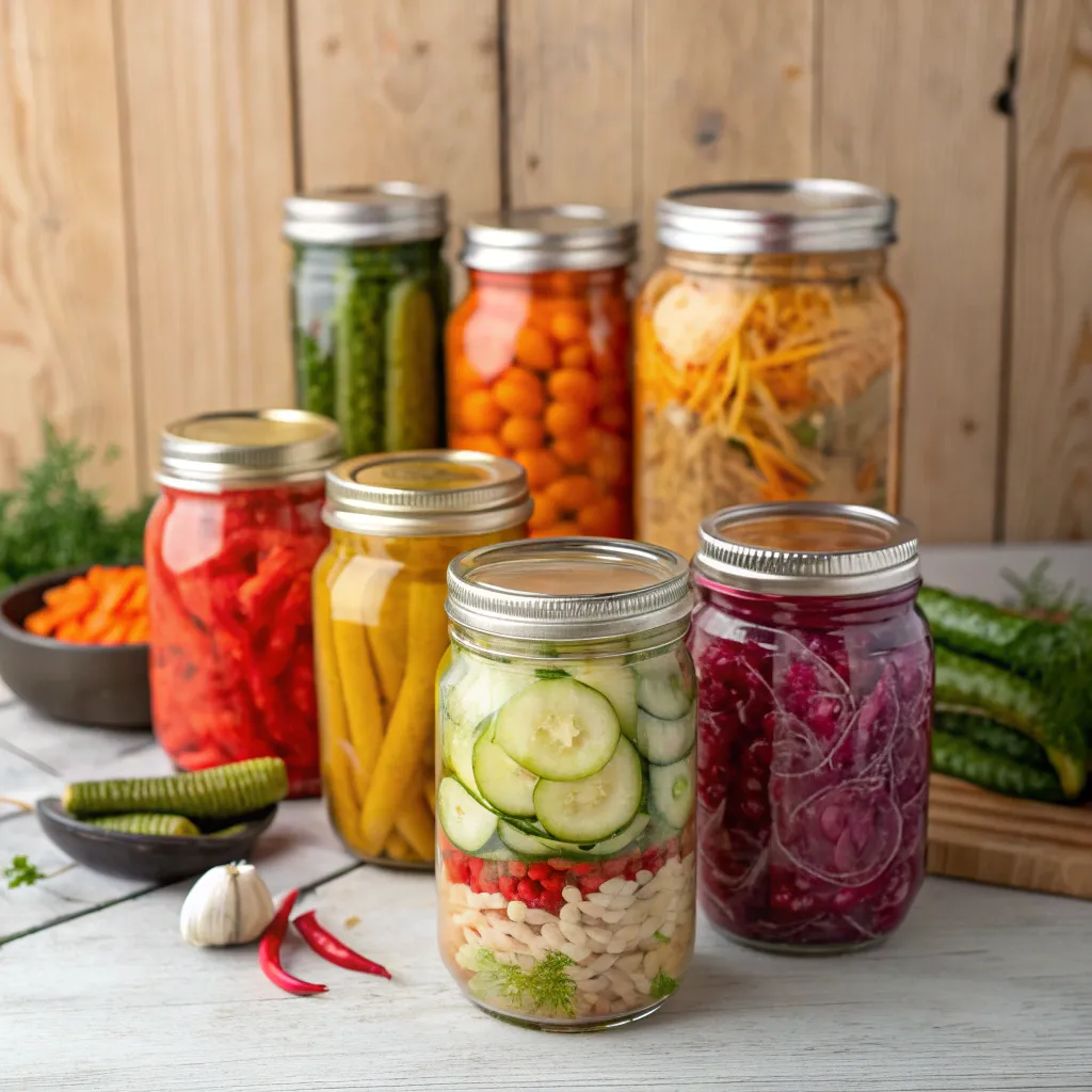 Colorful array of fermented vegetables in glass jars